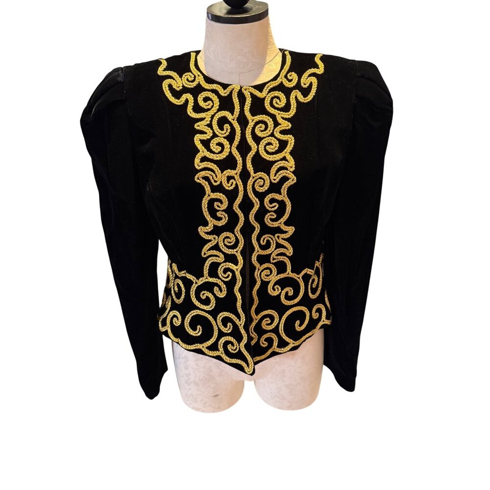 Farinae Collections Womens Size 8 Black Velvet Cropped Gold Soutache Jacket